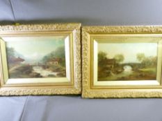 PAIR OF OILS ON BOARD, indistinctly signed, contrasting bridge and river scenes in fine gilt frames,