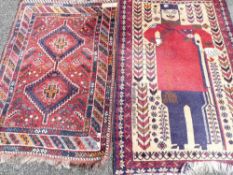 TWO SMALL EASTERN TYPE WOOLEN RUGS, one patterned as a soldier in uniform on a cream ground with