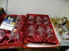 TURNER SCHOT CRYSTAL DRINKING GLASSWARE, a box of six brandy glasses, a box of six tumblers and