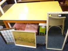 WHITE AND GILT FRAMED HALL MIRROR, a box dressing stool, pink dralon dressing stool, a Technika