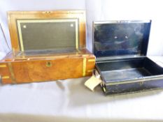 A WALNUT BRASS BOUND WRITING SLOPE WITH LEATHER INTERIOR along with a small metal deed box
