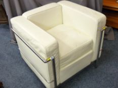 A SQUARE CHROME FRAMED WHITE LEATHER DESIGNER ARMCHAIR
