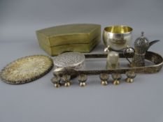 A GROUP OF SMALL SILVER AND WHITE METAL ITEMS to include a filigree miniature drinks set on tray,