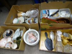 THREE BOXES OF MISCELLANEOUS PORCELAIN, a wooden box, dressing table items ETC