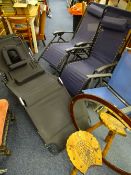 A VINTAGE MAHOGANY OVAL WALL MIRROR, horseshoe shaped stool and five folding garden chairs