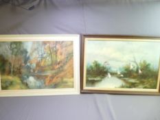 N MCGREEN oil on canvas - tree lined river leading to snowy mountains in background, ducks in flight