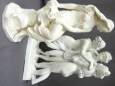 A PARIAN MODEL OF THREE NUDE LADIES on a plinth, 48cms high and another parian figure of a lady