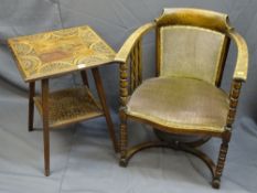 A TWO TIER CARVED TOP SQUARE OCCASIONAL TABLE and a rustic tub type chair