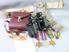 MILITARY MEDALS, canvas holster and Karl Zeiss binoculars, medals include unmarked WWII group of