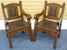 PITCH PINE PEW CHAIRS plain with scrolled arms and panel detail to the back