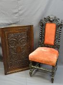 A VINTAGE CARVED OAK WALL HANGING CORNER CUPBOARD and a high backed barley twist hall chair with