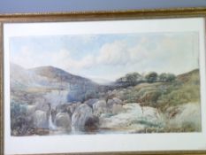 ALBERT PROCTER watercolour - countryside scene with waterfalls, rocks, river and trees on horizon,