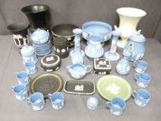 WEDGWOOD CHINA, two campana style planters, black jasperware items and blue jasperware items
