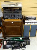 A PHILLIPS SEPARATES SOUND SYSTEM WITH SPEAKERS, a vintage box seat piano stool, camera equipment,