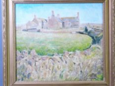 OIL ON CANVAS - 'Botallock Farm, St Just, Cornwall', farmstead with stone wall in foreground,