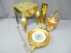 A BRASS FOOTMAN, brass trench art, similar items and a wall barometer