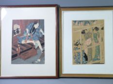 UTAMARO OBAN two woodblock prints - three Japanese women constructing frame work, 32 x 23cms and
