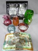 A PARCEL OF MIXED GLASSWARE including cranberry, Mary Gregory style, boxed tumbler set ETC