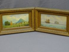 J W GREIG oils on board, a pair - coastal scene 'Twin Master passing an outcrop rock' and rural