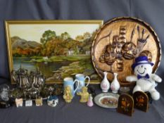 A PARCEL OF COLLECTABLES to include an oil painting by Kath Davies circa 1982, an African copper