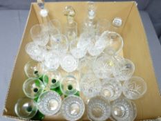 A GOOD PARCEL OF DRINKING GLASSWARE, decanters ETC