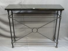A METALWORK CONSOLE TABLE with black granite style top, 94cms height 112cms width, 36cms depth