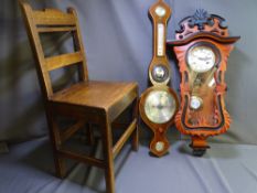 A SINGLE OAK FARMHOUSE CHAIR, a mahogany barometer and a reproduction wall clock