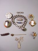 NINE BROOCHES, ingot necklace, chunky bracelet and a monogram 'A' stick pin, mainly Victorian