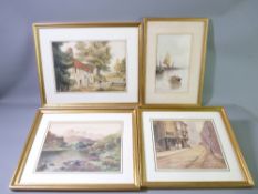 FOUR WATERCOLOURS - boating scene with two figures in a small boat, indistinctly signed' 1926', 22 x