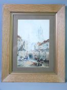 J TOLE watercolour - Victorian city scene with canal, boats and numerous figures, signed, 28 x