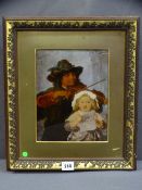 COLOURFUL CRYSTOLEUM - boy playing violin with young bonneted girl, 23 x 18cms
