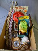 A BOX OF COLLECTABLES to include two Indian ceremonial swords, a boxed Wombles Orinoco singing