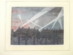 C V R NEVISON? watercolour - night scene, searchlights above houses, indistinctly signed, 17 x