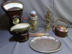 A VINTAGE AZCO BAKELITE SWEET SHOP SCALES along with a glass butter churner, a commemorative King