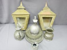 A COLLECTION OF VINTAGE PEWTER and two exterior brass lantern style wall lamps