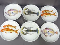 RICHARD BRAMBLE JERSEY POTTERY - six shellfish related modern plates, 30cms diameter