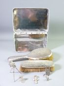 A VINTAGE TIN OF SILVER COLLECTABLES to include a Russian hallmarked bellows camera on tripod stand,