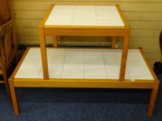 TWO ULTRA MODERN LIGHTWOOD AND TILED TOP COFFEE TABLES, 128 and 70cms widths