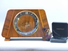 A VINTAGE WALNUT MANTEL CLOCK and a modern Prometheus agate effect lady's lighter, boxed
