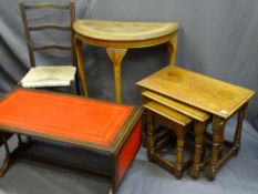 A PARCEL OF MIXED FURNITURE including two rustic coffee tables, a low leather topped, leather tooled