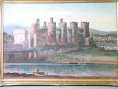 OIL ON BOARD - Conwy Castle with paddle steamer in river to foreground, indistinctively signed, 60 x