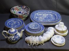 A LARGE AMHERST PEDESTAL BOWL, a parcel of 'Willow' meat platters, plates and side plates along with