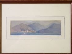 WATERCOLOUR - onshore seaside village scene with mountains and smoking volcano in background, 7 x