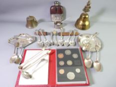 A SILVER AND LEATHER HIP FLASK, London 1903, a quantity of silver and other teaspoons and tableware,