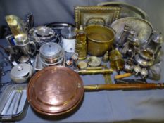 A COPPER LONG-HANDLED BED WARMER, a small brass telescope with attached spirit level, brass jam pan,