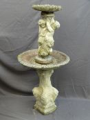 A TWO TIER RECONSTITUTED STONE GARDEN BIRD BATH, 130cms high approx
