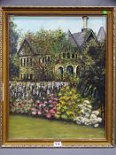 TWENTIETH CENTURY oil on board - study of part of Bodnant Hall and gardens, 49 x 39cms