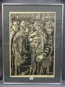 KAREL LEK linocut print - four drinking fellows, signed, 63 x 43cms