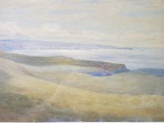 WATERCOLOUR - rugged coastline scene with single person in a field, indistinctly signed, 25 x 38cms