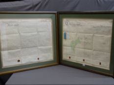 TWO LARGE FRAMED INDENTURE LEGAL DOCUMENTS, 57 x 72cms